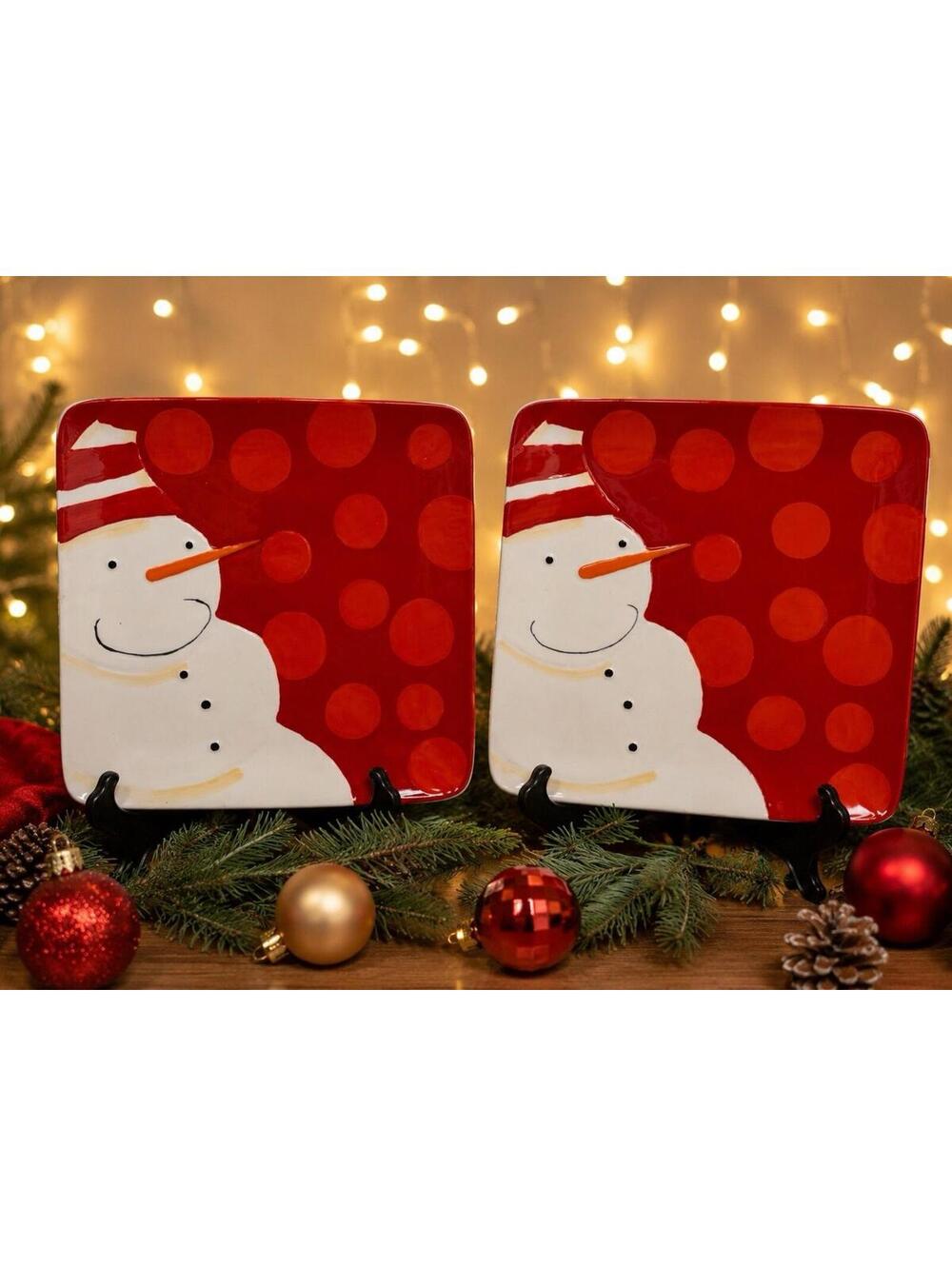 Certified International Snowman Christmas Plates Set of 2 Square 8.5” Sue Sulauf